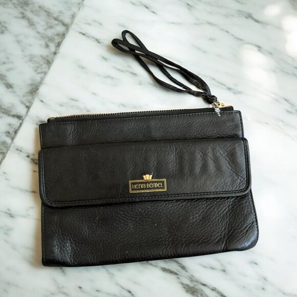 HENRI BENDEL Vintage Black Leather Zip Clutch Pouch Bag - Picture 1 of 9